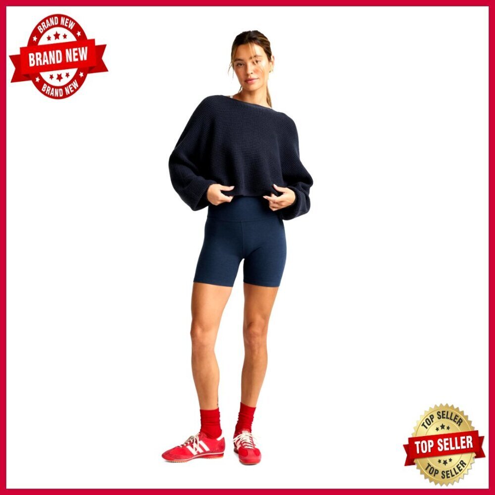Cropped Pullover Sweater, Relaxed Fit, Waffle Stitch, 50% Cotton 50% Wool